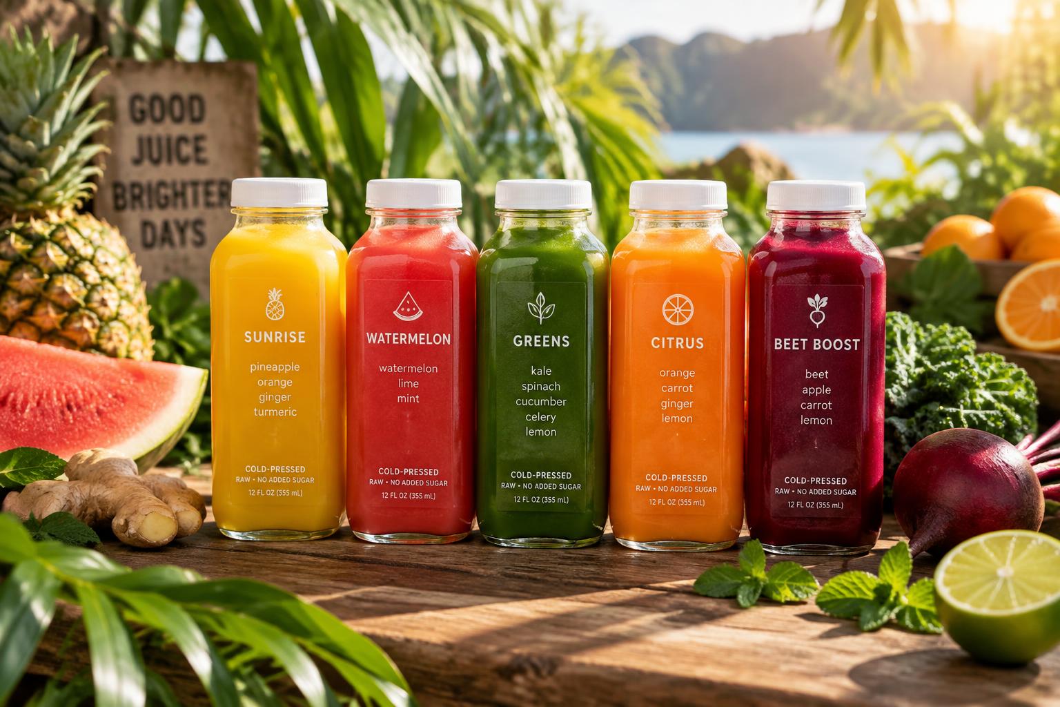 Bottles of freshly made juice surrounded by fresh fruit